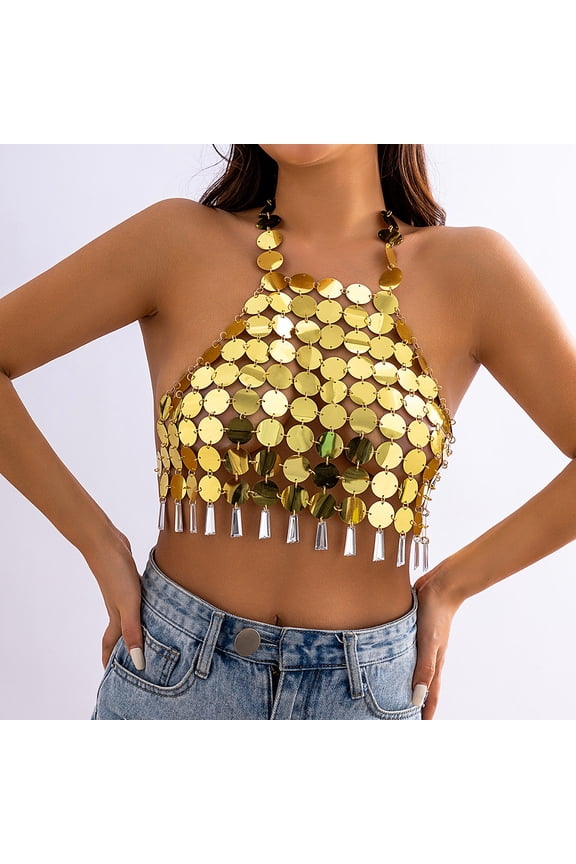 Plastic Sequin Body Chain for Women Sexy Beach Bikini Circular Dress Gold 830mm