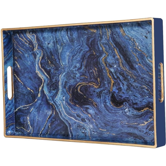 Plastic Serving and Decorative Tray with Handles for Ottoman, Coffee Table, Bathroom Vanity, Blue Marble Rectangular Tray for Countertop and Kitchen, 15.6 x 10.2 Inches