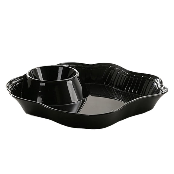 Plastic Serving Plate with Built-In Dip Bowl, 7.5in Appetizer Tray for Chips Veggies & Sauces
