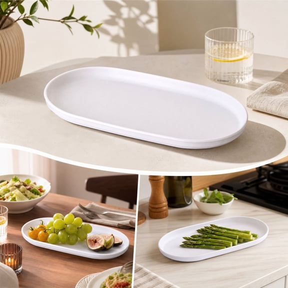 Plastic Serving Platter, Rectangular Reusable Dinner Tray, Stackable Matte Tray, 12 In, 1 Pc, for Pasta Seafood Steak, Home Kitchen Dining