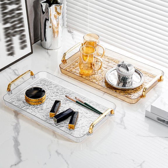 Plastic Serving Tray Clear | Versatile Rectangular Tea Cup Organizer | Durable Home Living Room Fruit Snack Platter | Decorative Desktop Storage | 15.35x9.05in | 1Pc