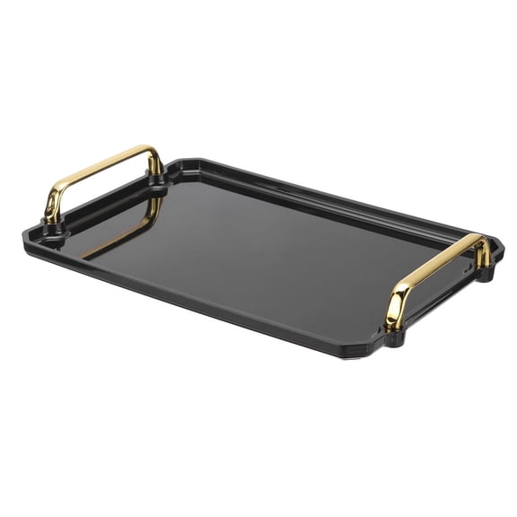 Plastic Serving Tray with Golden Handles, Reusable Tray Rectangular Party Platters for Dessert Coffee Tea Table, Living Room Kitchen Countertop,Toilet lid tray (Black 31*20*2.7cm）