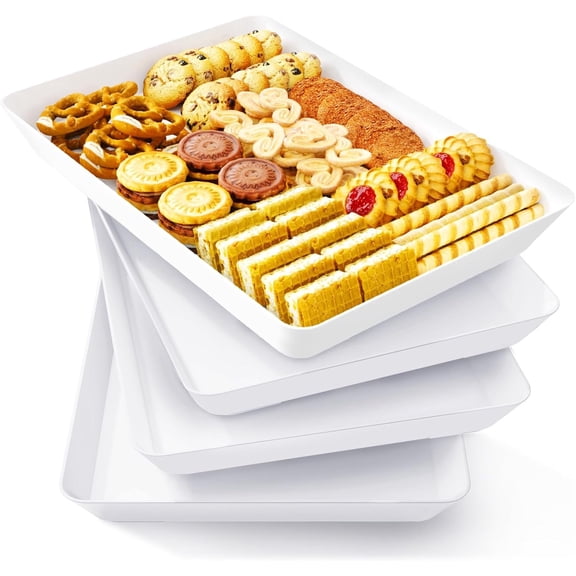 Plastic Serving Tray for Party Supplies, 4 Pcs White Trays for Serving Food, Reusable Platter for Buffet, Fruit, Snack, Rectangle, Thanksgiving Christmas Essentials, 14" x 10"