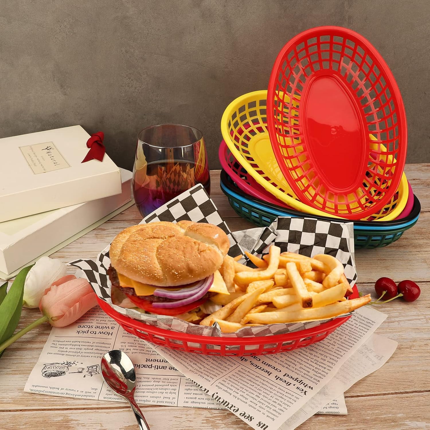 12Pcs Plastic Fries Burger Baskets Fast Food Baskets Boat Shaped Trays - View #6