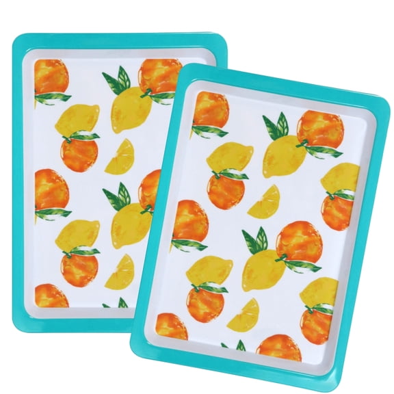 Plastic Serving Trays, Serving Platters 14x10-inches Rectangular Reusable Stackable Snack Tray for Fruit Desserts Holder for Home Summer Party & Tropical Luau Events Decor Set of 2 (Lemon)