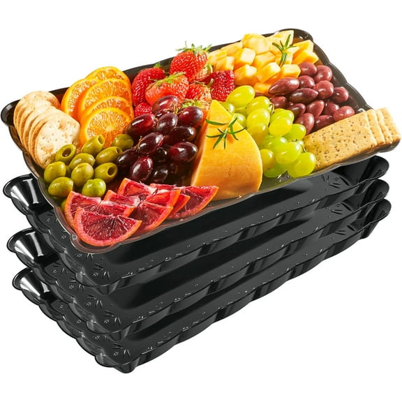Plastic Serving Trays - Serving Platters Rectangle 9X13 Disposable Party Dish 4 Black Trays