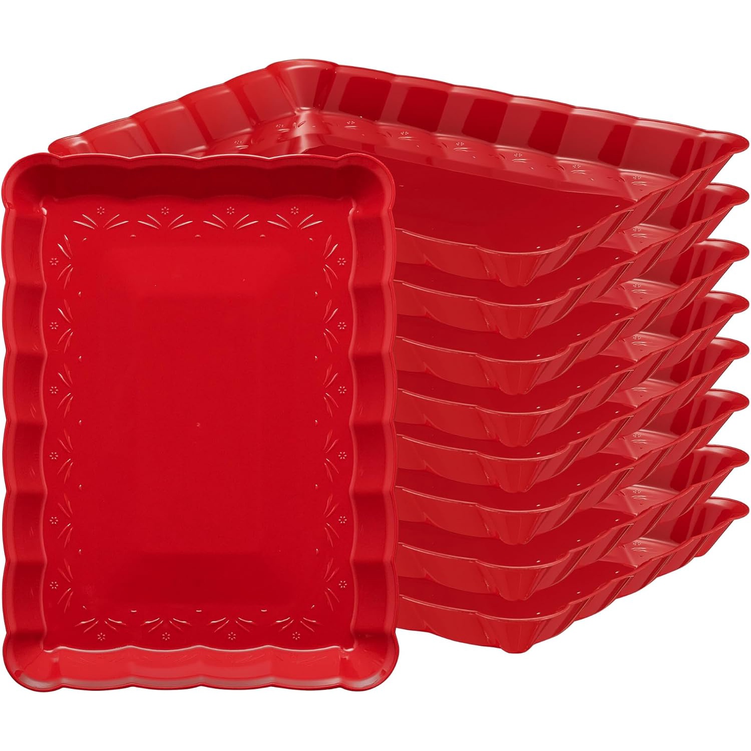 Plastic Serving Trays - Serving Platters Rectangle 9X13 Disposable Party Dish Includes 8 Red Christmas Trays