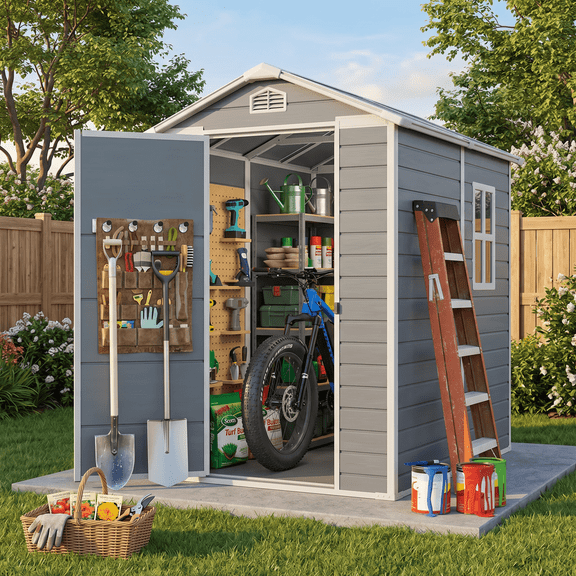 Asofer Weatherproof Plastic Garden Shed, 6×4 FT Resin Organizer with Integrated Floor, Lockable Door & Side Window, Heavy Duty Outdoor Storage Cabinet for Yard Lawn, Gray