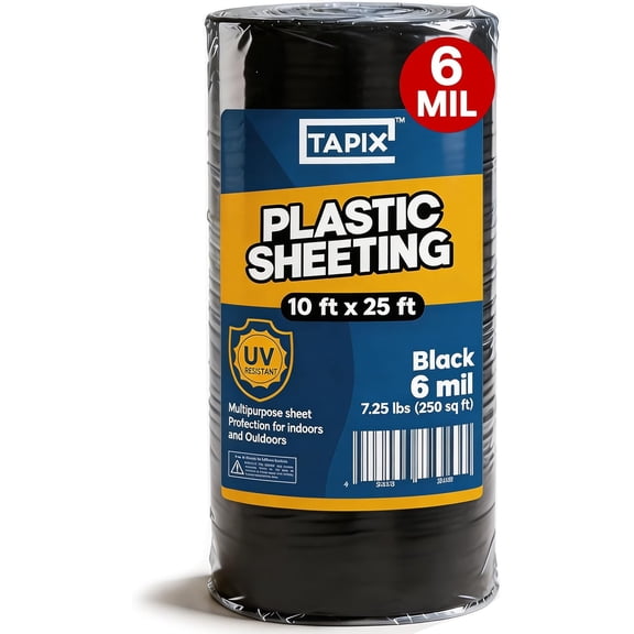 Plastic Sheeting (10' x 25') Long, 6 Mil (Black) - UV Protection Poly Sheeting Polyethylene Film, Heavy Duty Greenhouse Plastic Sheeting