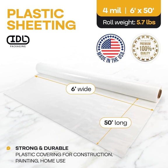 Plastic Sheeting 4 mil, 6' x 50' (300 sq. ft.) - Thick Semi-Clear Plastic Sheeting for Construction & Painting - Thick Plastic Sheeting for Drop Cloth - Heavy Duty LDPE Film Roll by