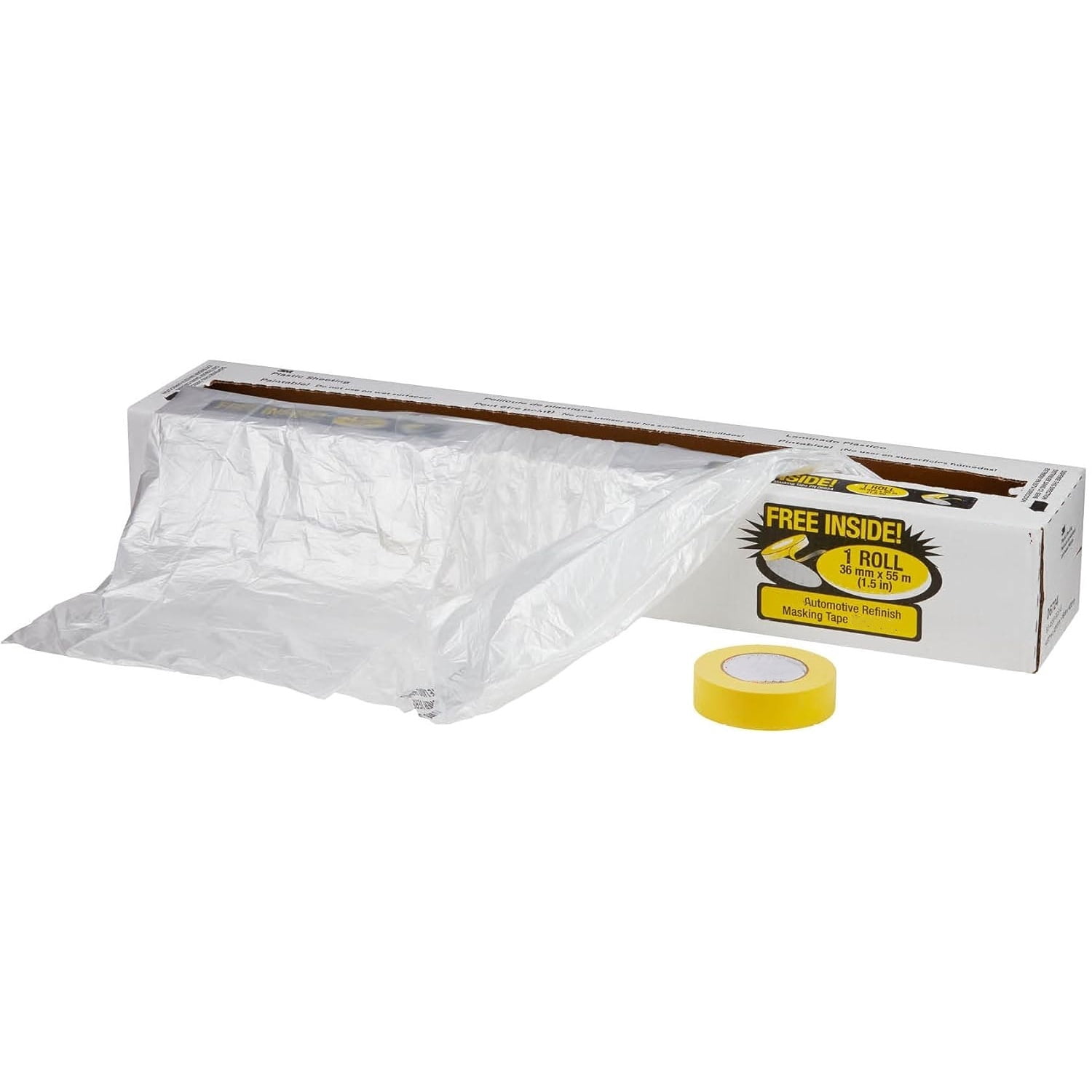 Plastic Sheeting With 388N Yellow Masking Tape (36 mm), 06724, Tear Resistant, Easy To Cut, Durable, 16 ft x 400 ft