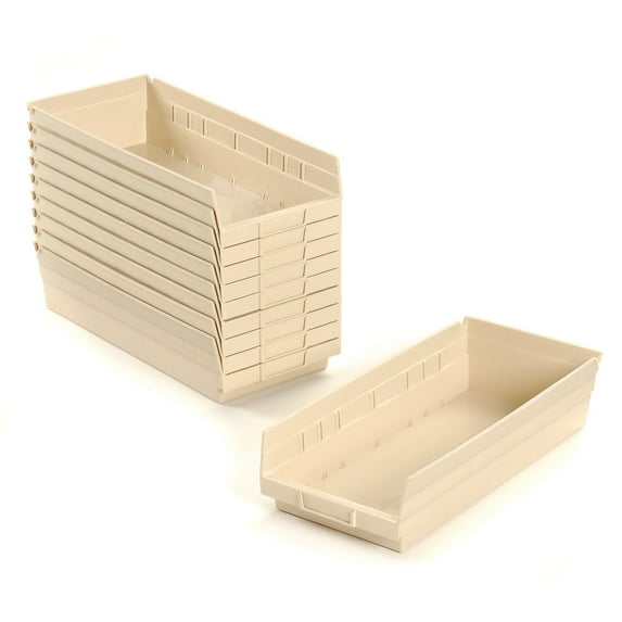 Plastic Shelf Bin Nestable 8-3/8"W x 17-7/8" D x 4"H Beige, Lot of 12