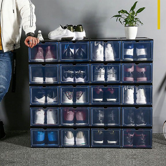 Plastic Shoe Box, 4/8/12x Stackable Black/ Clear Shoe Storage Box Sneaker Storage Bins Shoe Container Organizer for Women Men