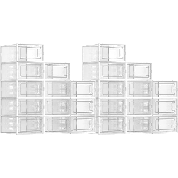 Plastic Shoe Boxes 24 Pack Transparent Stackable Storage with Front Doors for Closet Entryway Organization