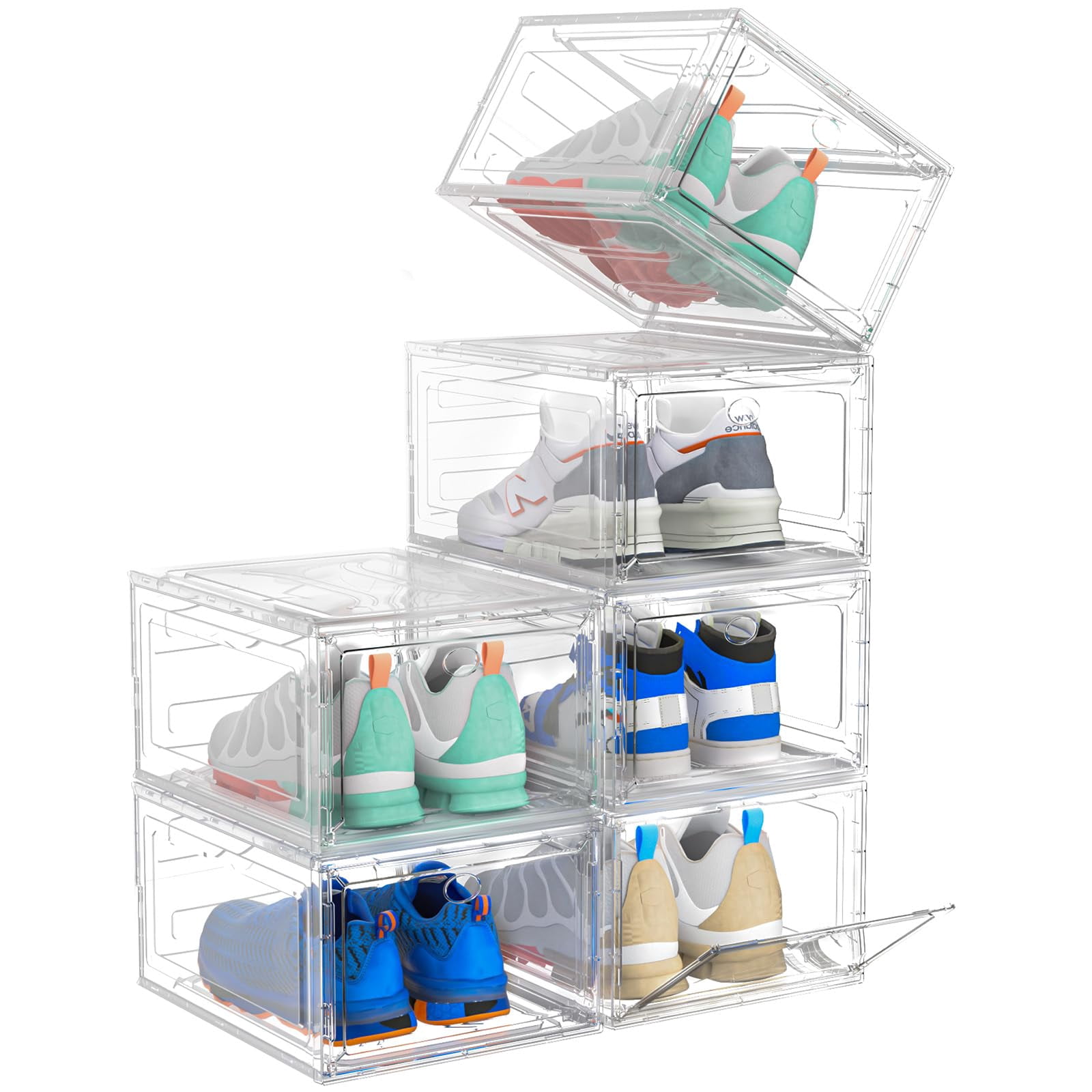 Plastic Shoe Organizer for Closet, 6 Pack Stackable Clear Shoe Boxes ...