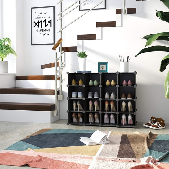 Plastic Shoe Rack, 16-Cube Modular Shoes Storage Stand, Multifunction Closet Cabinet, Stackable Shoe Organizer Units for Bedroom Living Room Doorway, 36" L × 14.2" W × 28" H Black SRP15B