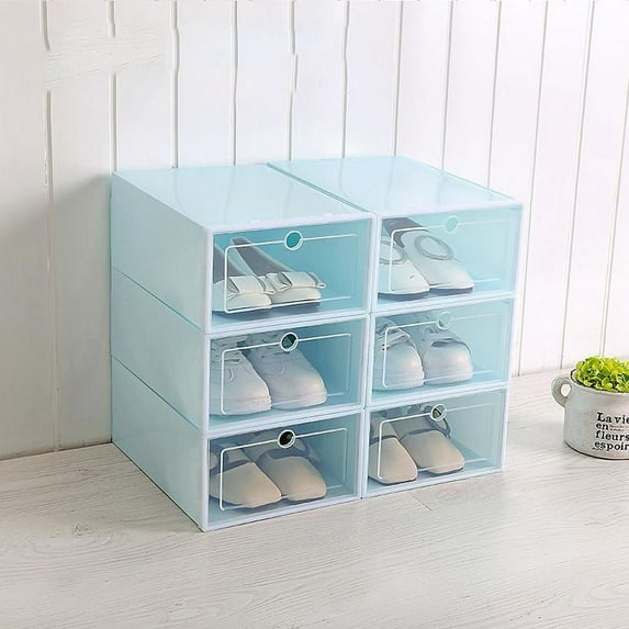 Plastic Shoe Storage Box 6 Pack, Stackable, Clear Foldable Shoe Organizer with Lids, Stacking Shoe Container For Women and Men, Bedrooms, Bathrooms, Closet (Need Assembly)