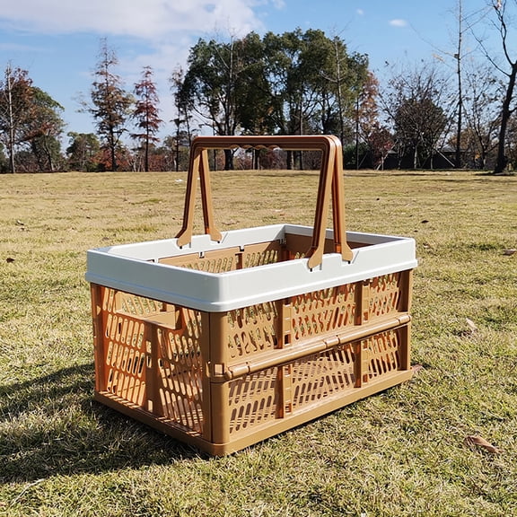 Plastic Shopping Basket with Handles Grated Wall Stackable Storage Tote for Kitchen Pantry Organization, Collapsible Foldable Utility Crate for Picnic Camping Grocery Trunk Home Organizing