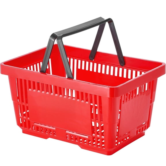 Plastic Shopping Baskets 24L, Set of 12 - Grocery Baskets with Handles & Stand - 16.73 x 11.61 x 8.86 inch Red Retail Store Baskets for Supermarkets