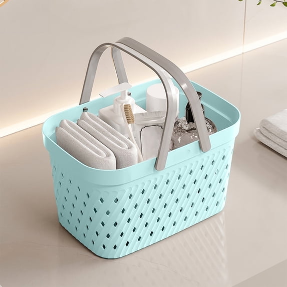 Plastic Shower Caddy Basket with Handle - Small Storage Basket for Bathroom Organizer, Bath Caddy with Drainage Holes for Soap Shampoo Towels, Portable Woven Storage Basket for Home Kitchen Counter