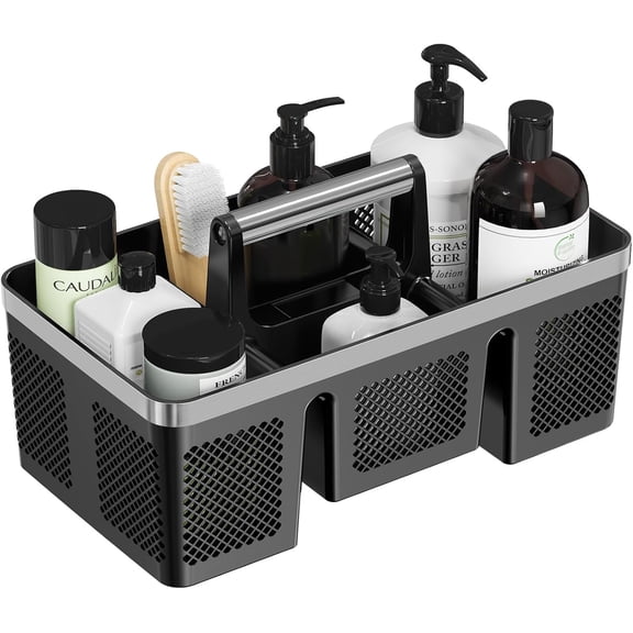 Plastic Shower Caddy Dorm: Portable Cleaning & Shower Caddy with Handle, 4 Divided Compartments, All-Side Drainage, Rigid Plastic Basket Tote for College Dorm & Bathroom Use, Black/Silver