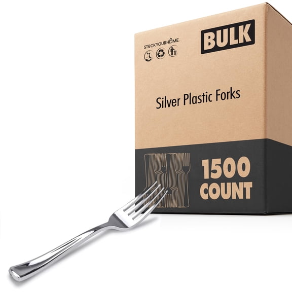 Plastic Silver Forks (1500 Pack), Glossy Heavyweight Disposable Forks, Durable Cutlery for Parties, Stock Your Home