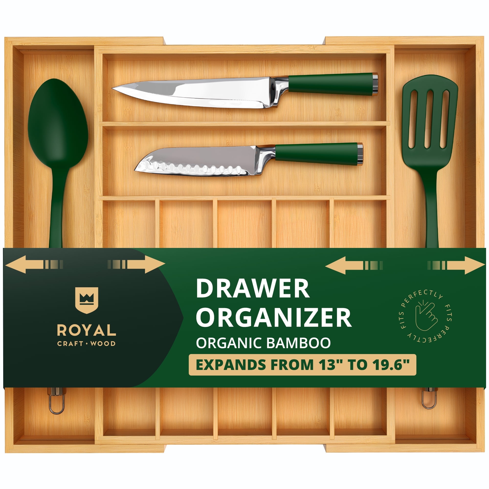 Royal Craft Wood Luxury Bamboo Kitchen Drawer Organizer - Silverware Organizer - Utensil Holder and Cutlery Tray with Grooved Drawer Dividers for Flatware and Kitchen Utensils (9 Slot, Natural)