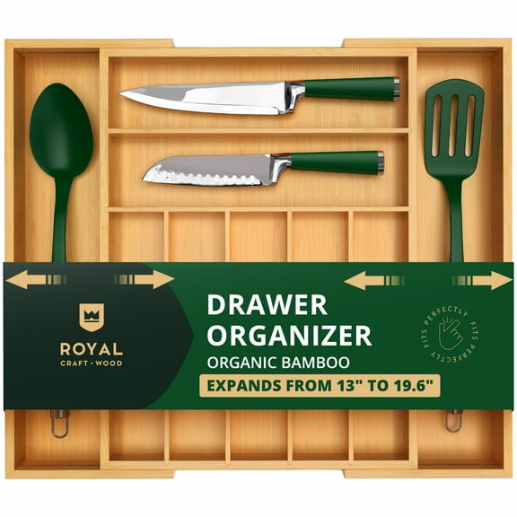 Royal Craft Wood Luxury Bamboo Kitchen Drawer Organizer - Silverware Organizer - Utensil Holder and Cutlery Tray with Grooved Drawer Dividers for Flatware and Kitchen Utensils (9 Slot, Natural)