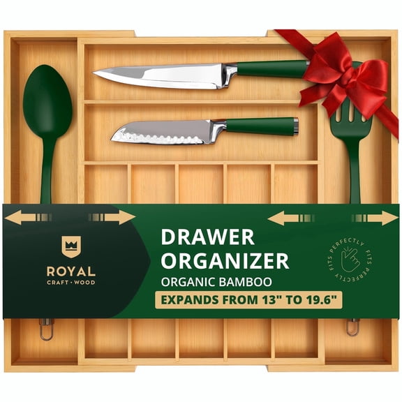 Royal Craft Wood Luxury Bamboo Kitchen Drawer Organizer - Silverware Organizer - Utensil Holder and Cutlery Tray with Grooved Drawer Dividers for Flatware and Kitchen Utensils (9 Slot, Natural)