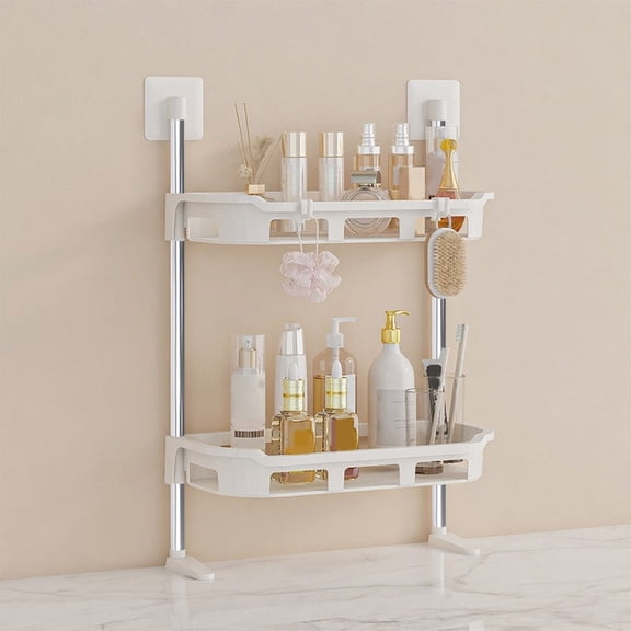 Plastic Over the Sink Bathroom Storage Rack | 2-Tier Wall Mounted Organizer with Hooks - White, 24.02x13.39x5.71 Inch, Multifunctional Shelf for Toiletries & Cosmetics
