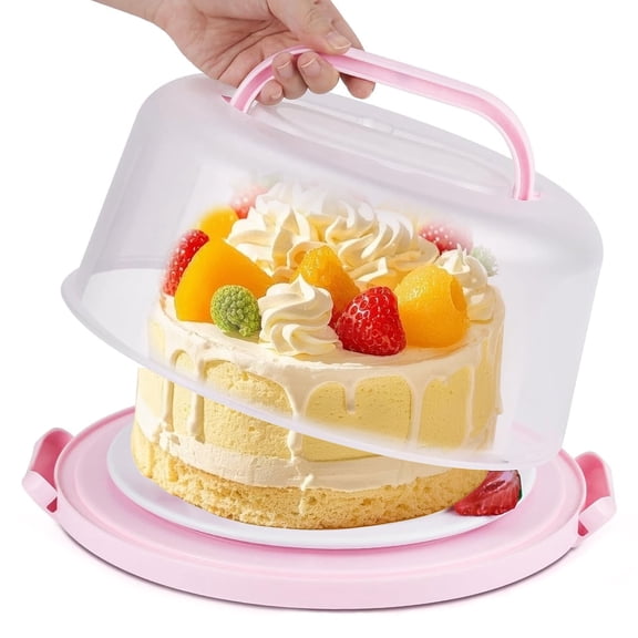 Plastic Small Cake Carrier Holder Round Container with Handles Suitable for 6~8 inch Diameter and 4 inch Height Small Cake (Pink)