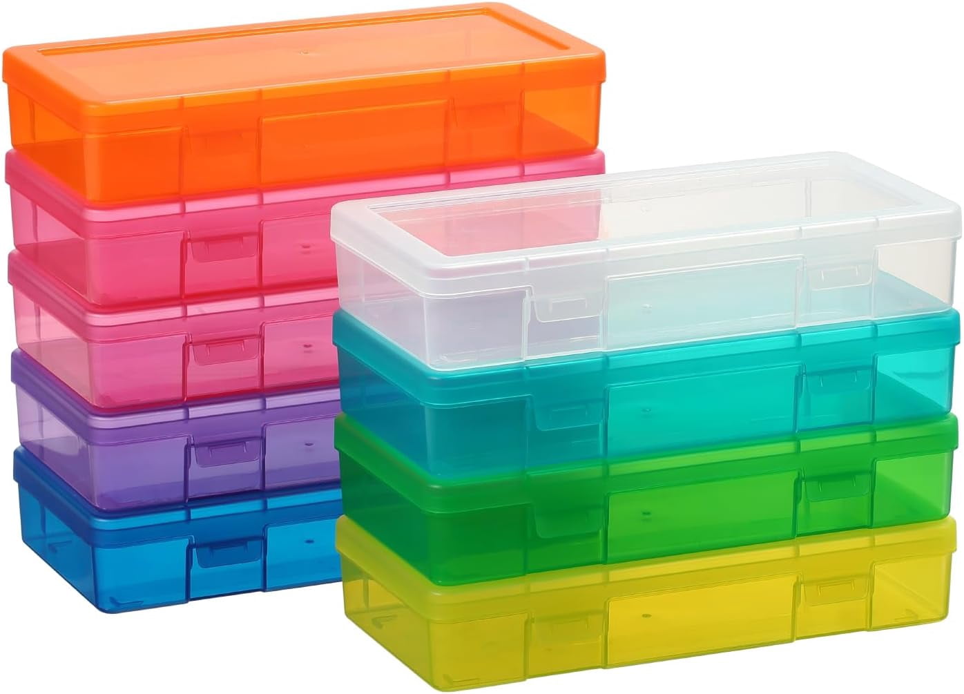 Plastic Small Storage Bins with Lids for Organizing, Mini Clear Storage Containers and Stackable Storage Box Organizer for Pencil Boxes, Task Boxes, Crayon Boxes (9 Pack Medium -Color)