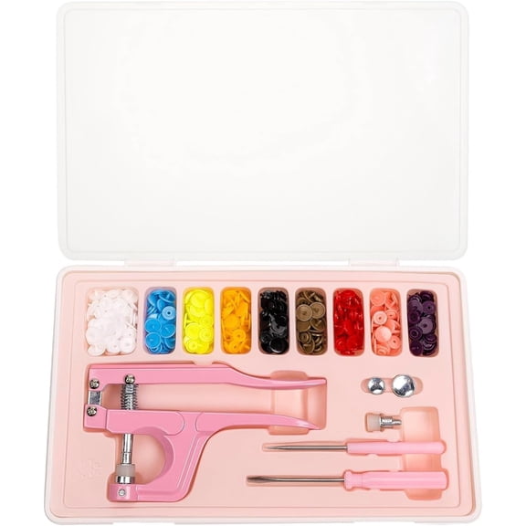 Plastic Snap Fastener Kit with Plier  Awl and Storage Case, 100 Sets Snaps, 9 Colors T5 Buttons, 12mm Cap. Snap Plier for T3(10mm), T5(12mm), T8(15mm) Buttons,