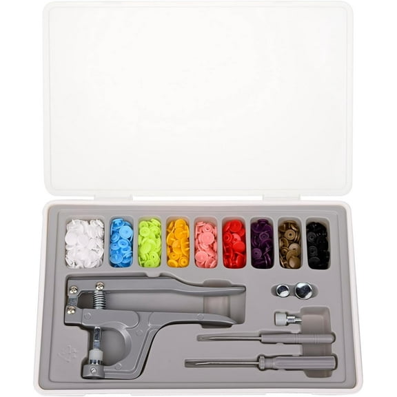 Plastic Snap Fastener Kit with Plier Screwdriver Awl and Storage Case, 100 Sets Snaps, 9 Colors T5 Buttons, 12mm Cap. Snap Plier for T3(10mm), T5(12mm), T8(15mm) Buttons, Grey