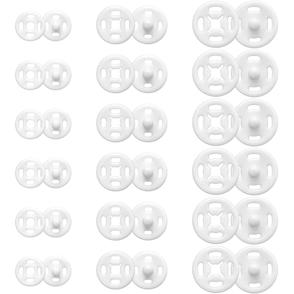 Plastic Snaps for Fabric, 36 Pcs 3 Sizes White Round Snap Buttons Mini Snaps for Sewing Sew on Snap Button Fasteners for Sewing DIY Crafts Clothing Shirt Pant (7.5mm, 10mm, 12.5mm)