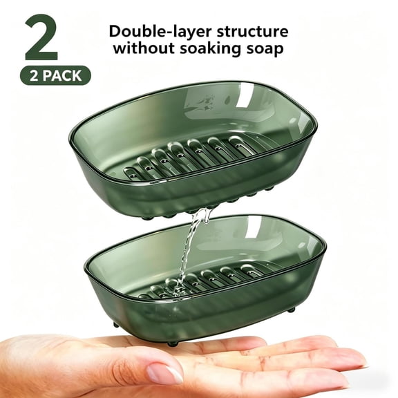 Plastic Soap Holder, 2 Pack Soap Dish with Drain, Double-Layer Soap Box for Bathroom, Kitchen Sink, Shower, Easy Clean,Green