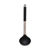 Plastic Soup Spoon with Stainless Steel Handle, Lightweight Kitchen Stirring Spoon for Cooking and Serving, Long Handle for Deep Pots and Easy Storage(Black)