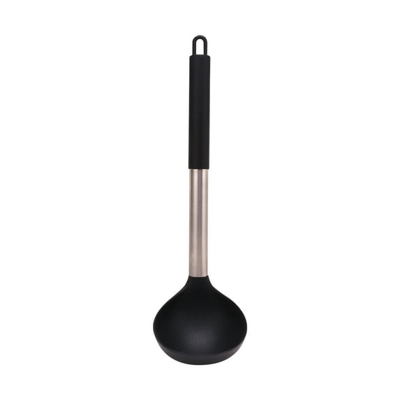Plastic Soup Spoon with Stainless Steel Handle, Lightweight Kitchen Stirring Spoon for Cooking and Serving, Long Handle for Deep Pots and Easy Storage(Black)