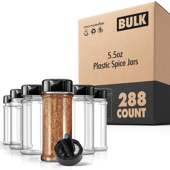 Plastic Spice Jars 5.5 oz (288 Pack), Empty Seasoning Containers with Black Shaker Lids and Heat-Induction Liner, Clear Spice Jars