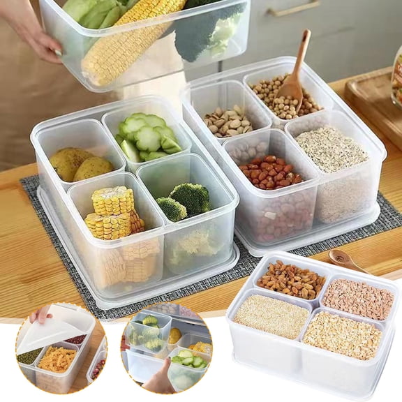 Plastic Spice Storage Box with 4 Compartments - Food Container Organizer for Seasonings and Ingredients - Leakproof Sealed Seasoning Box for Kitchen Pantry or Refrigerator - Multi Compartment Storage