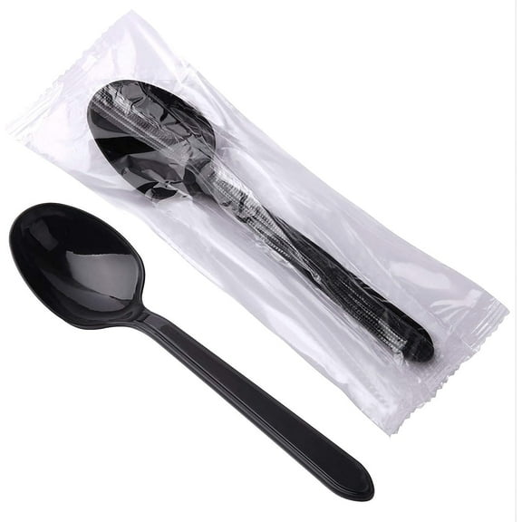 Plastic Spoons Disposable Individually Wrapped Spoons 100 Commercial Take Away Spoons,Reusable Plastic Spoons for Outdoors, Party Supplies,Home, Office Use(Black)