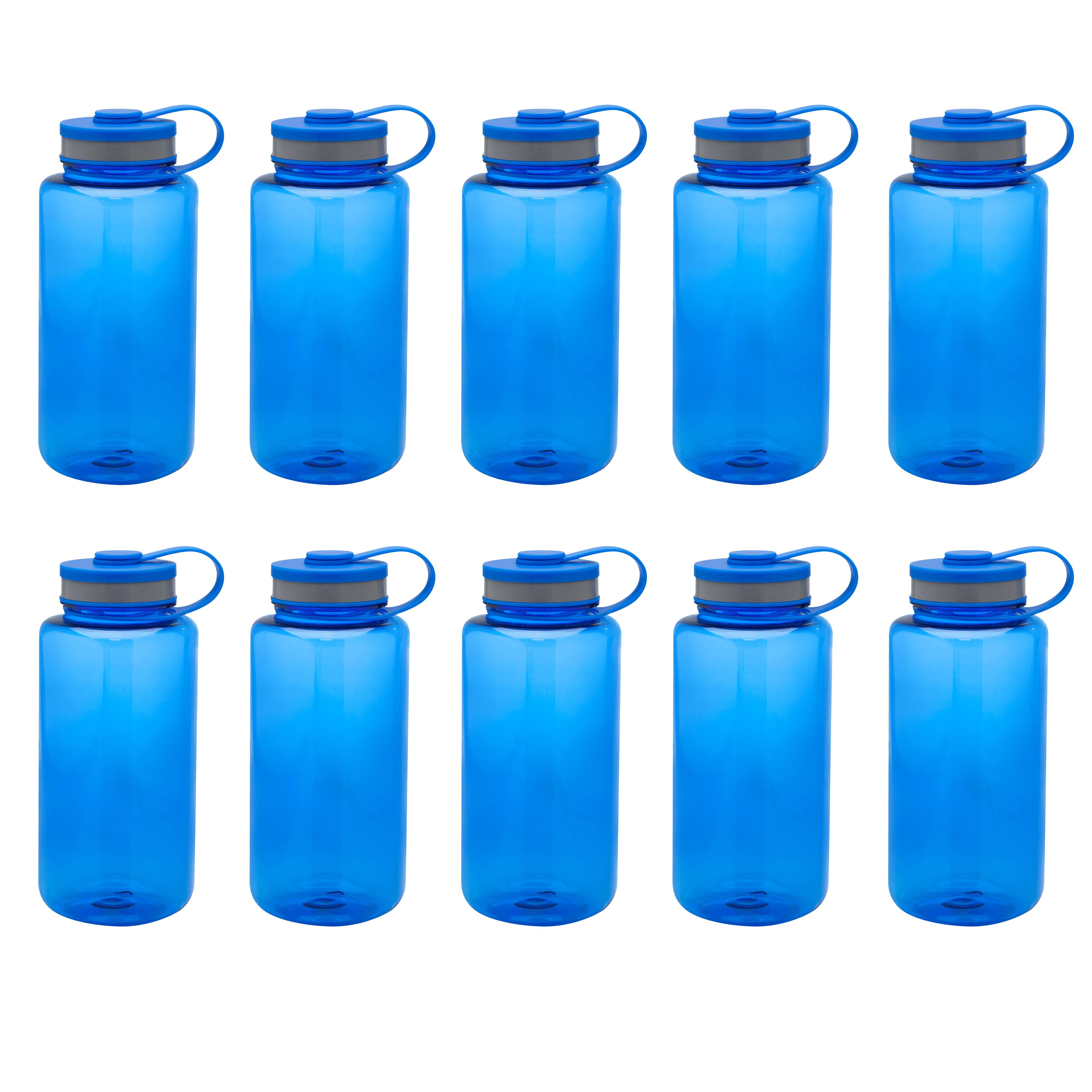 Plastic Sports Water Bottles with Flip Lid 38 oz. Set of 10, Bulk Pack - Great for Gym, Hiking, Cycling, Camping, Backpacking, School - Blue