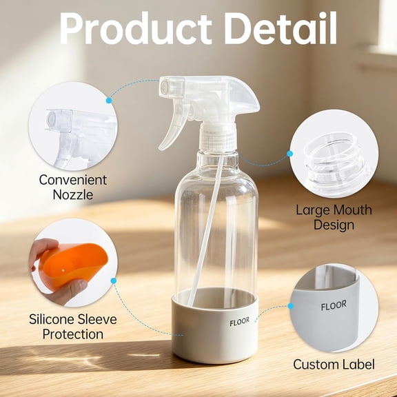 Plastic Spray Bottle 16oz 2 Pack, Household Sprayer with Silicone Sleeve, Adjustable Nozzle OFF MIST STREAM for Cleaning Solutions Plants Ironing