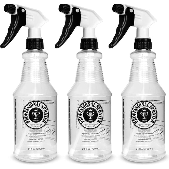 Plastic Spray Bottle (24oz 3 Pack) for Cleaning Solutions, Car Detailing Care, Planting, Pet, Clear Finish, Heavy Duty Empty Spraying Bottles Mist Water Sprayer with Measurements & Adjustable Nozzle
