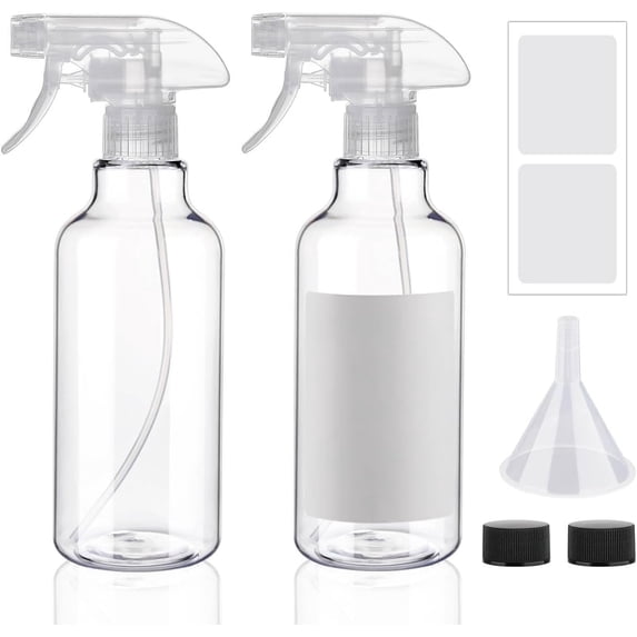 Plastic Spray Bottles 12oz 2 Pack Adjustable Mist/Stream Spraying Heavy Duty Square Water Spray Bottles for Hair, Cleaning Solutions, Plants,Essential Oils (Clear)