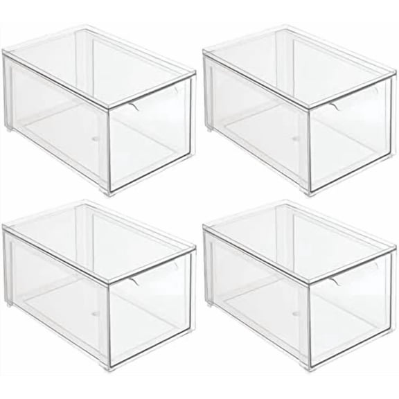 Plastic Stackable Bathroom Storage with Pull Out Bin Organizer Drawer for Cabinet, Vanity, Shelf, Cupboard, Cabinet, or Closet Organization - Lumiere Collection - 4 Pack - Clear