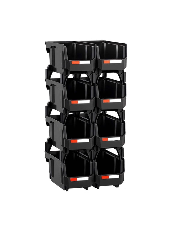 Plastic Stackable Bins - 10.9 x 5.5 x 5.1 inch (8 Pack) - Storage Containers for Closet, Garage Organization, Small Parts, Office Supplies - Black