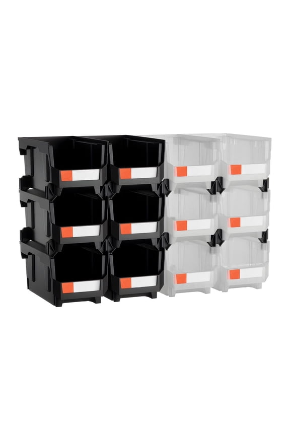 Plastic Stackable Bins - 14.8 x 8.5 x 7.1 Inch (12 Pack) - Organizing Containers for Garage, Small Parts, Office Supplies, Accessories - Black & Transparent