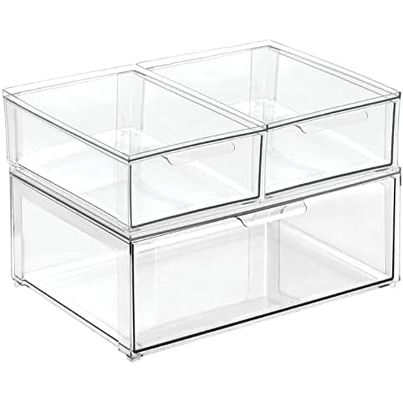 Plastic Stackable Closet Storage Organizer Bin Containers with Front Pull Drawer for Cabinet, Desk, Shelf, Cupboard, or Dresser Organization - Lumiere Collection - Set of 3 - Clear