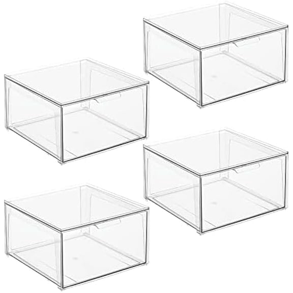 Plastic Stackable Closet Storage Organizer Bin Containers with Front Pull Drawer for Cabinet Desk Shelf Cupboard or Dresser Organization - - - Clear